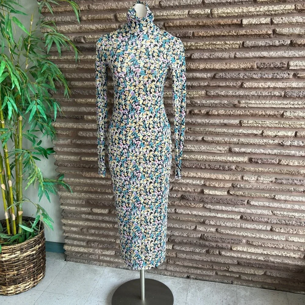 AFRM Shailene Floral Mesh Bodycon Long Sleeve Maxi Dress Size S NWT